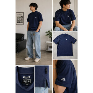 Vintage Adidas ClimaLite Mock Neck Tee Navy Blue Minimal Logo Shirt Men’s Large